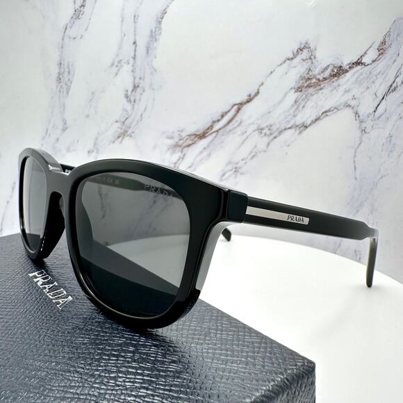 New PRADA Sunglasses Black Acetate Square Silver Metal Logo 53mm Gray Lens - Picture 1 of 16
